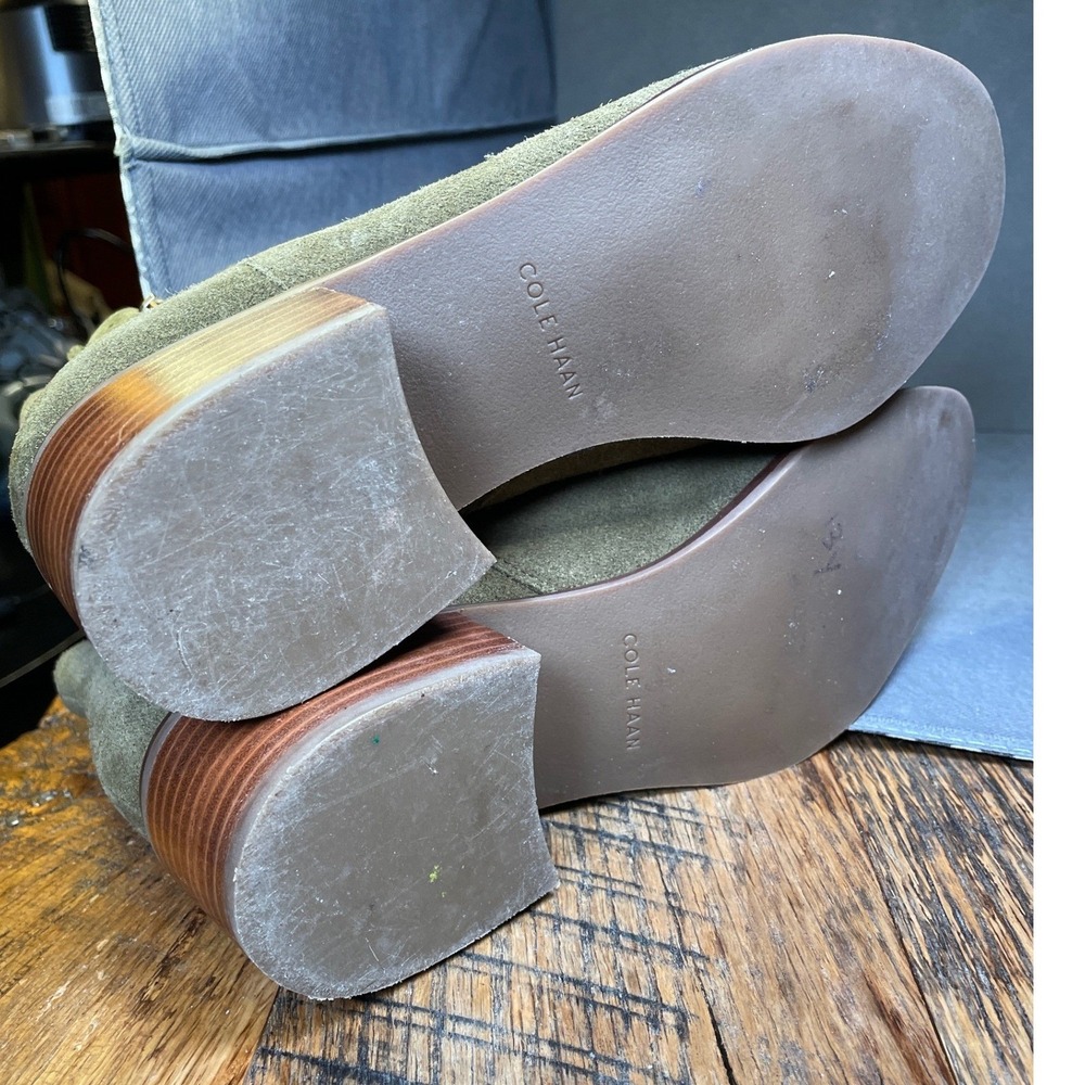 Cole Haan Taupe Suede Ankle Boots Block Heel Side Zip Buckle Bootie Olive Sz 7.5 - Picture 6 of 6